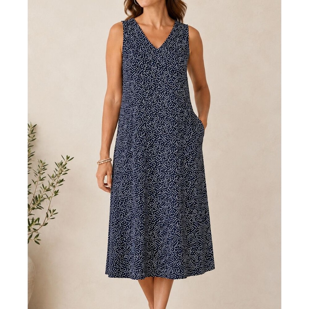 J. Jill Wearever Navy Polka Dot Sleeveless Midi Dress Large Stretch Casual NWT